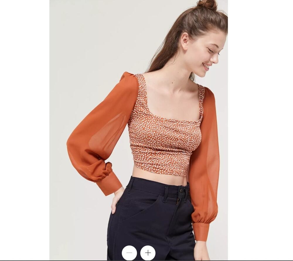 Urban Outfitters Lena Burnt Orange Sheer Sleeve Square Neck Cropped Blouse Large